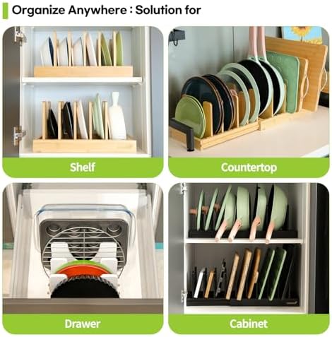 Pots and Pans Organizer under Cabinet Expandable Bamboo Pot Lid Holder Rack