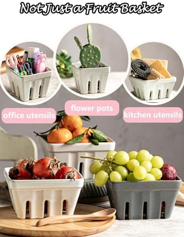 Gomakren Fruit Basket, Ceramic Berry Washing Bowl Set of 2, 5.7 Inch, White