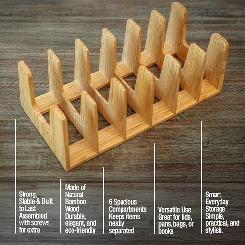 Kitchen Cabinet Organizer - Sturdy Bamboo Pot and Pan Organizer for Under Cabinet - Multiuse Lid Organizer - Durable & Minimalist Lid Holder