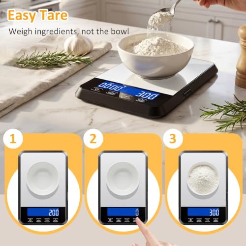 Letron Food Scale, 33 lb / 0.1 oz High Precision Kitchen Scale for Sourdough Bread, Built-in 7 Units, Timing & Tare Function, Rechargeable Digital Kitchen Scale for Food, Baking, Cooking, White