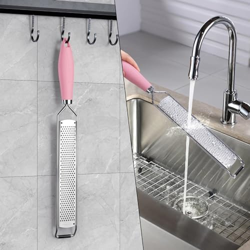 Rainspire Zester Grater with Handle, Lemon Zester Cheese Grater for Kitchen Stainless Steel, Parmesan Cheese Garlic Nutmeg Chocolate Fruits Vegetables Ginger Grater, Fine (Pink)