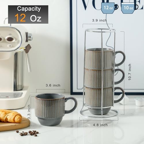 Hasense Porcelain Coffee Mugs, 12 oz Stackable Coffee Cups Ceramic with Steel Rack, Modern Ribbed Latte Cup Sets for Cappuccino, Tea, Espresso, Hot Cocoa, Drinks - Dishwasher & Microwave Safe, Brown