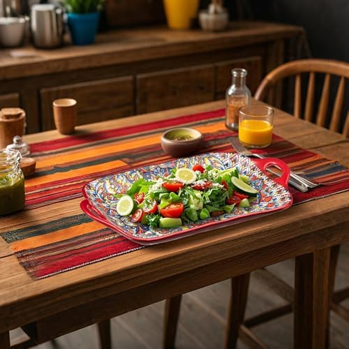 Boho Ceramic Serving Platters with Handles Set of 4, 12Inch Large Serving Dishes for Entertaining, Colorful Cute Porcelain Serving Plates for Sandwich, Appetizer, Fruit, Microwave Oven Safe Mix-color