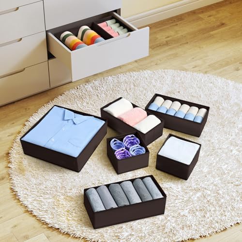 DIMJ Drawer Organizer Clothes, 12 Pack Underwear Organizer, Foldable Closet Organizers, Sock Organizer Bra Organizer, Fabric Dresser Organizer for Clothes, Bra, Socks, Tie (Brown)
