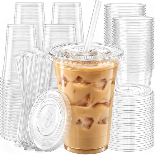 𝟏𝟎𝟎 𝐏𝐚𝐜𝐤 16 oz Disposable Clear Plastic Cups with Lids and Straws