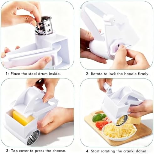Rotary Cheese Grater with Handle, Handheld Cheese Grater with 2 Stainless Steel Drums for Cheese Nuts Chocolates Vegetables, Includes Extra Handle