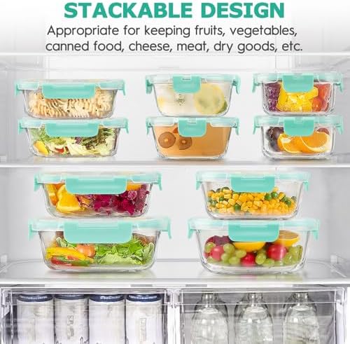 34pcs Glass Food Storage Containers with Lids Set, Airtight Glass Meal Prep Containers (17 Containers & 17 Lids), Leak Proof Lunch Container BPA-Free, Microwave, Oven, Freezer, Dishwasher Safe-Green