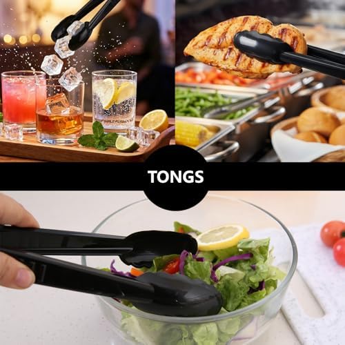 Black Plastic Serving Utensils Set, 72 Pieces, Disposable Spoons, Forks, and Tongs, 8.6 Inch, Heavy Duty, for Buffet, Party, Restaurant
