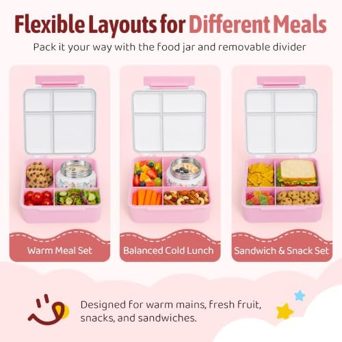 Bento Box for Kids with Thermo Food Container (9oz), 4-Compartment Lunch Box, Adjustable Divider, Leakproof Bento Lunch Box, Includes Utensils & Carry Bag for School, Office(White-Horse)
