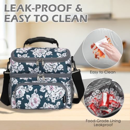 FlowFly Double Layer Cooler Insulated Lunch Bag Adult Lunch Box Large Tote Bag for Men, Women, With Adjustable Strap,Front Pocket and Dual Large Mesh Side Pockets