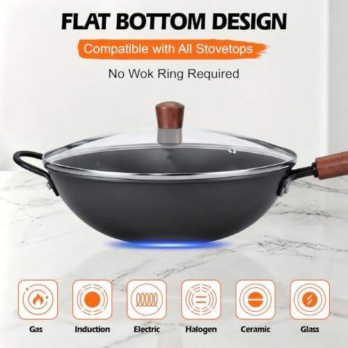 13" Carbon Steel Wok Pan & Glass Lid,Pre-Seasoned Flat Bottom Nitrided Wok