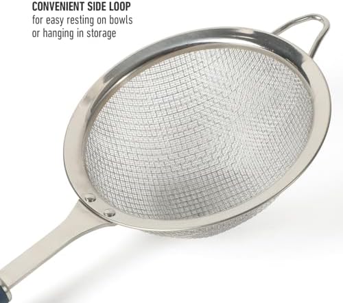 Calphalon Edge Stainless Steel Strainer, Fine Mesh Kitchen Colander Strainer with Thermoplastic Rubber Handle, Sifter for Rinsing, Draining & Straining Food, Navy