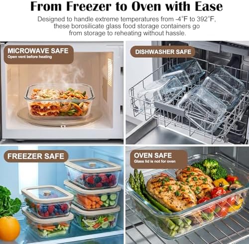 35 oz Glass Food Storage Containers with Glass Lids, 5 Pack, Airtight