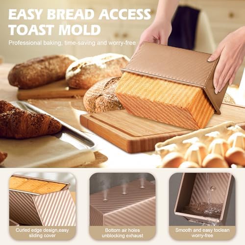 2Pack Loaf Pans with Lids – 2.2 LB & 1 LB Dough Capacity, Non-Stick Carbon Steel Bread Pans for Homemade Sandwich and Sourdough Bread, Corrugated Toast Mold