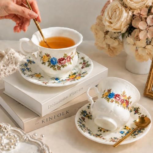 Floral Tea Cup and Saucers, 8 Oz Vintage Ceramic Tea Cup Set