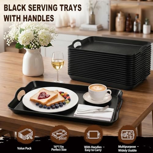 Kathfly 12 Pack 16" x 11" Serving Trays with Handles, Plastic Tray, Black