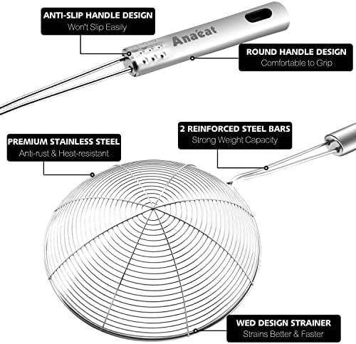 Anaeat 4.5" Stainless Steel Spider Skimmer, Professional Kitchen Pasta Strainer Spoon with Long Handle - Asian Strainer Ladle Wire Skimmer Spoons for Cooking and Frying