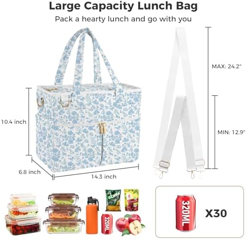 Large Lunch Box for Women, Insulated Lunch Bag for Work, Blue floral