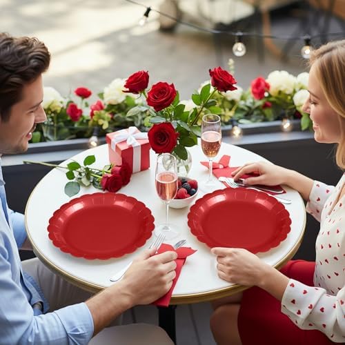 NatNarr 30 Pcs Red Paper Plates 9 Inch Scalloped Red Dessert Dinner Plates Cute Party Plates for 4th of July, Birthday, Picnic (Pack of 3)