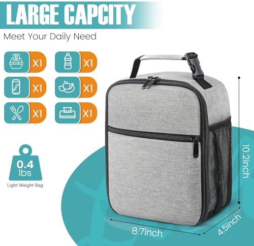 Lunch Bag for Men/Women, Reusable Lunchbox for Adult, Small Insulated Lunch box, Lunch Tote Bag for Office, Work, Picnic - Grey