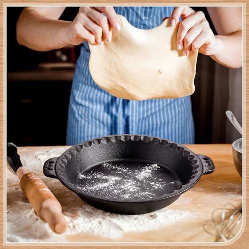 LemonRoad 2 Pcs Cast Iron Pie Pan 10" with Crimped Edges and Handles