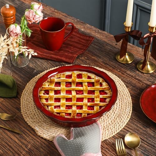 vicrays Ceramic Pie Pan for Baking - 9 inch Pie Plate, Round, Fluted and Deep Pie Dish for Tart, Pizza, Apple Pie, Quiche, Pot Pies, Cake - Reactive Glaze (Cherry Red)