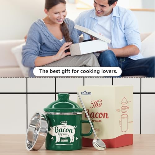 Bacon Grease Container with Strainer-15OZ Enamel Saver, Dishwasher Safe