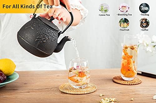 Toptier Tea Kettle for Stove Top, Cast Iron Teapot Stovetop Safe with Infusers for Loose Tea, 54 oz, Black