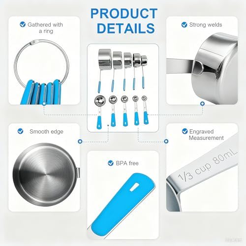 Bopei 10-Pcs Stainless Steel Measuring Cups & Spoons Set, Blue Handles