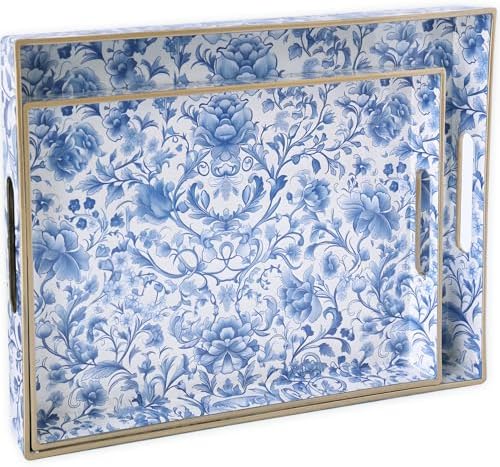Serving Tray with Handles, 2 Pack Rectangular Plastic Tray 15.75x11.81 Inch, Blue and White Peony Chinese Porcelain Style Decorative Tray for Kitchen, Dining Table, Vanity, Office & Home