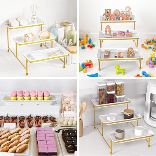 3 Tier Serving Tray, 15" Steel Stand, BPA Free Tiered Platter, Gold