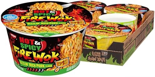 Nissin Hot & Spicy Fire Wok, Sizzlin' Rich Pork, 4.37 Ounce (Pack of 6)