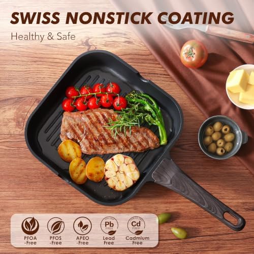 SENSARTE Nonstick Grill Pan for Stove Tops, Versatile Griddle Pan with Pour Spouts, Square Grill Pan for Big Cooking Surface, Durable Grill Skillet for Indoor & Outdoor Grilling. PFOA Free, 11 Inch