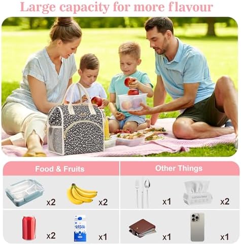 LOKASS Insulated Lunch Bag Women- Reusable 10 L Lunch Box for Women - Leakproof Tote Cooler Bag for Adults Work, Beach, Travel, Picnic （Black Small Florals）
