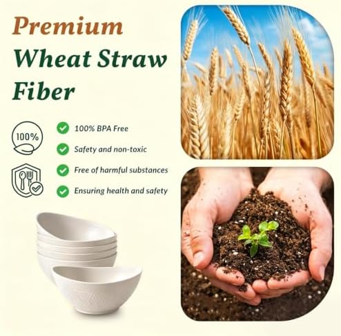 Homienly Wheat Straw Bowls 26 OZ Serving Bowls Set of 6 Unbreakable Salad Bowls for Breakfast, Cereal, Soup, Snack Mcirowave and Dishwasher Bowls Set for Kitchen, Camping, Party (White)