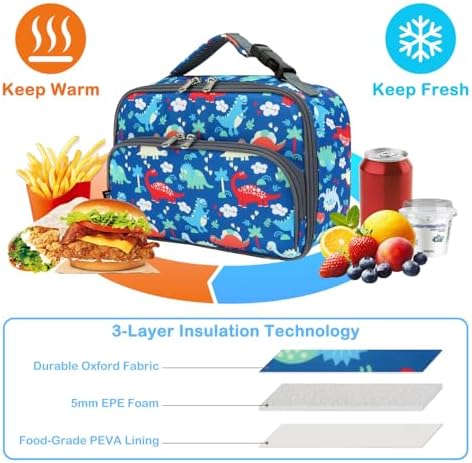 FlowFly Kids Lunch box Insulated Soft Bag Mini Cooer Back to School Thermal Meal Tote Kit for Girls, Boys,Dinosaur