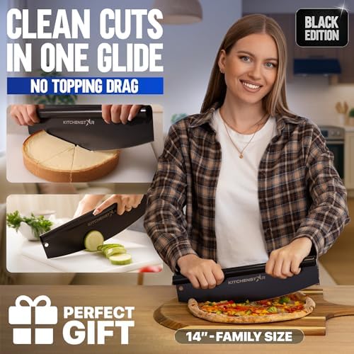 14-Inch Pizza Cutter Rocker Blade, 304 Stainless Steel Slicer Knife, Black
