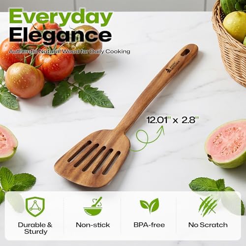 AIUHI Natural Teak Slotted Spatula, Ergonomic Long Handle Cook Spatula, Heat‑Resistant Food‑Grade Wooden Turner for Home Kitchen Daily Cooking