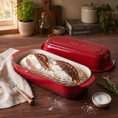 EDGING CASTING Enameled Cast Iron Loaf Pan with Lid, Bread pan, Dutch Oven Bread pan for Homemade Sourdough Bread Baking, 12.5x5.5 inch, 5qt, Red