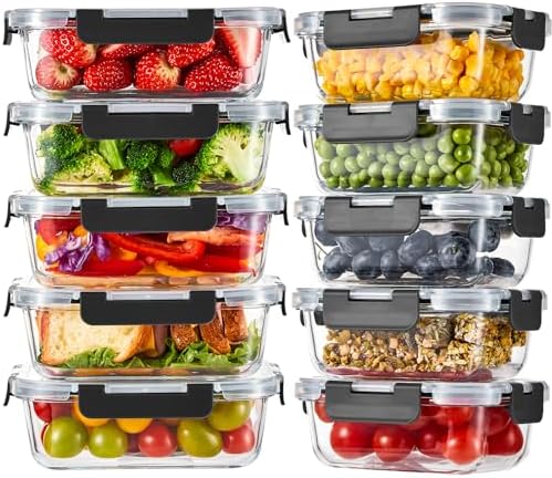 Liuruiyu 10 Pack Glass Food Storage Containers with Lids, Meal Prep Containers, Airtight Bento Boxes with Leak Proof Locking for Microwave, Oven, Freezer and Dishwasher, BPA Free