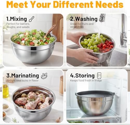 Beasea Stainless Steel Mixing Bowls with Lids, 2 Pack 2.5 QT Stackable Nesting Metal Mixing Bowls with Lids Set, for Baking, Prepping, Serving, Cooking, Kitchen Food Storage