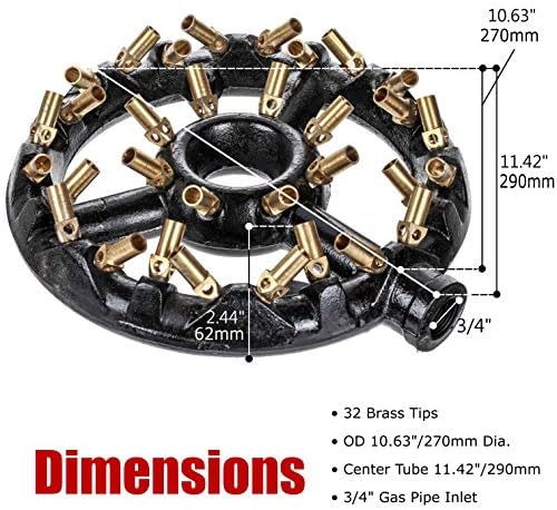 DuraSteel Natural Gas Jet Burner For Chinese Wok Range, Grilling, Stir Fry - Cast Iron Body Round Nozzle Jet Burner with 32 Brass Tips - Up 160,000 BTU
