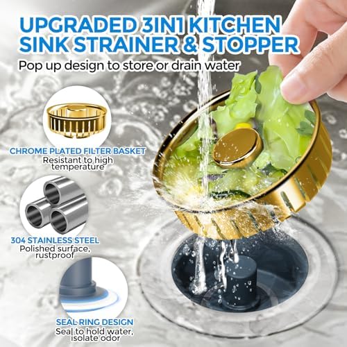 zaa 3 in 1 Kitchen Sink Drain Strainer Stopper Removable Basket Pop-Up