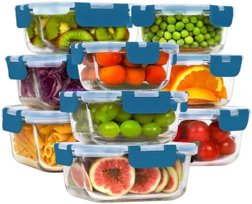 18 Piece Glass Food Storage Containers with Snap Locking Lids for Meal Prep