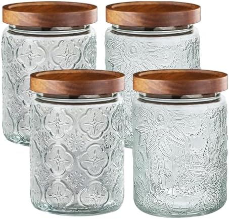 4-Pack 24 OZ Vintage Glass Jar with Lid, Airtight Food Storage Canisters with Bamboo for Kitchen Counter Pantry, Ideal for Coffee, Candy, Tea, Oats, Sugar, Cookies Decorative Jars