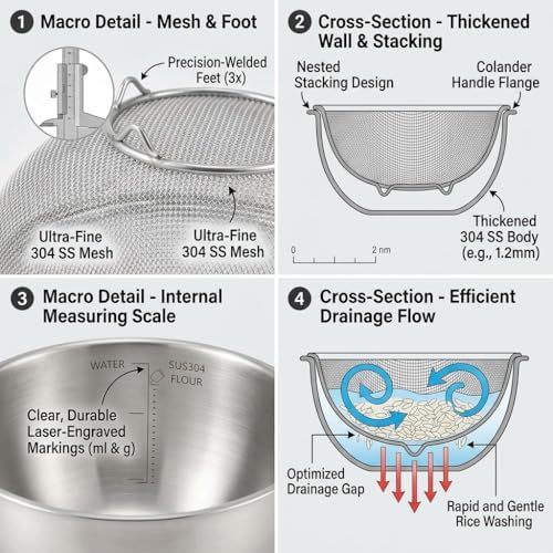 HAPPY KIT 18/8 Stainless Steel Colander with Mixing Bowl, 3.5QT
