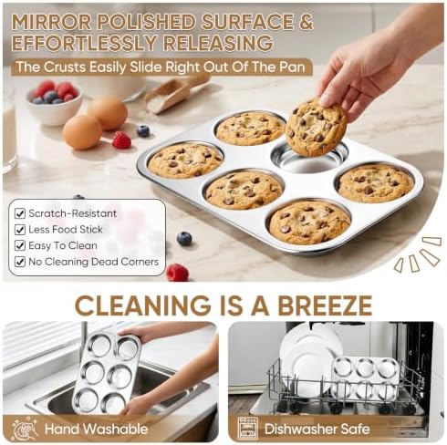 TeamFar Muffin Top Pan, 2 PCS 6 Cavity Stainless Steel Shallow Cupcake Pan