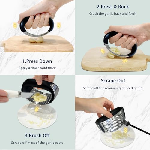 Garlic Press Rocker Set – Stainless Steel Garlic Crusher, Mincer with Peeler & Scraper, Quick & Easy Garlic Smashing