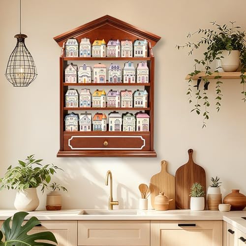 Vintage Wooden Spice Rack with Drawer and 4 Shelves
