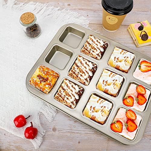 Beasea Brownie Pan with Dividers, 2 Set Gold All Edges Square Cupcake Brownie Pans 12 Mini Cavity Non Stick Baking Carbon Steel Bread Mold Small Edge 3x4 Individual Cutter Sheet Tray for Cake Oven